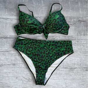 Green Leopard Knot Front Push Up Bikini Swimsuit NEW Plus 3X High Waist Bottom